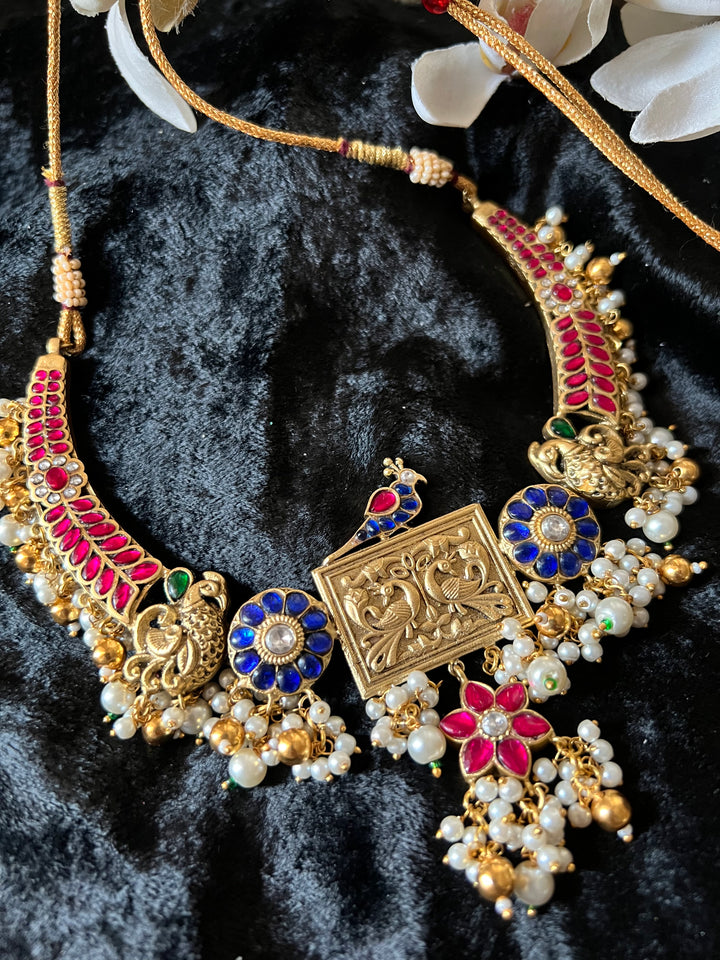 Designer Wedding Necklace with Kundan Earrings/ Antique Kempu Mayura Necklace