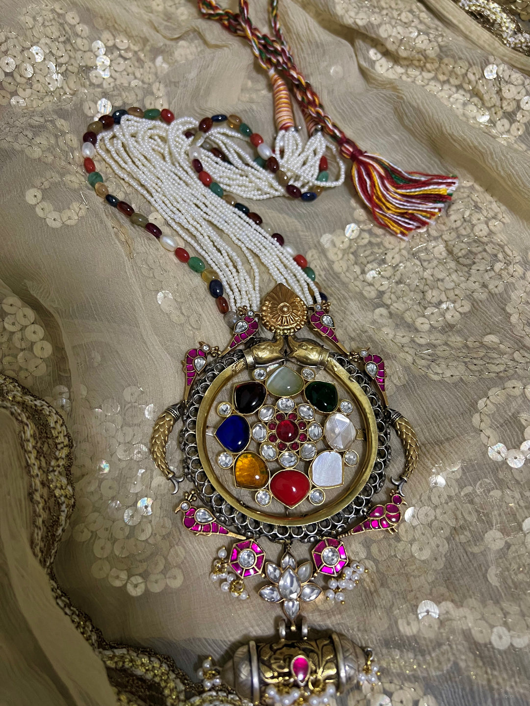 Pure Silver Real Navratna Beads Pendant Necklace