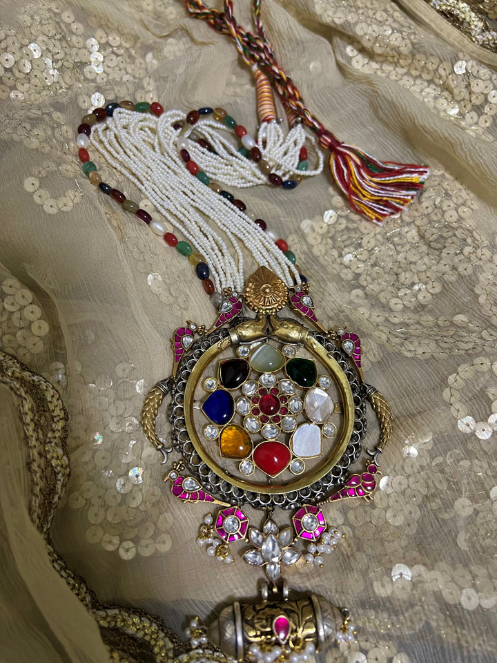 Pure Silver Real Navratna Beads Pendant Necklace