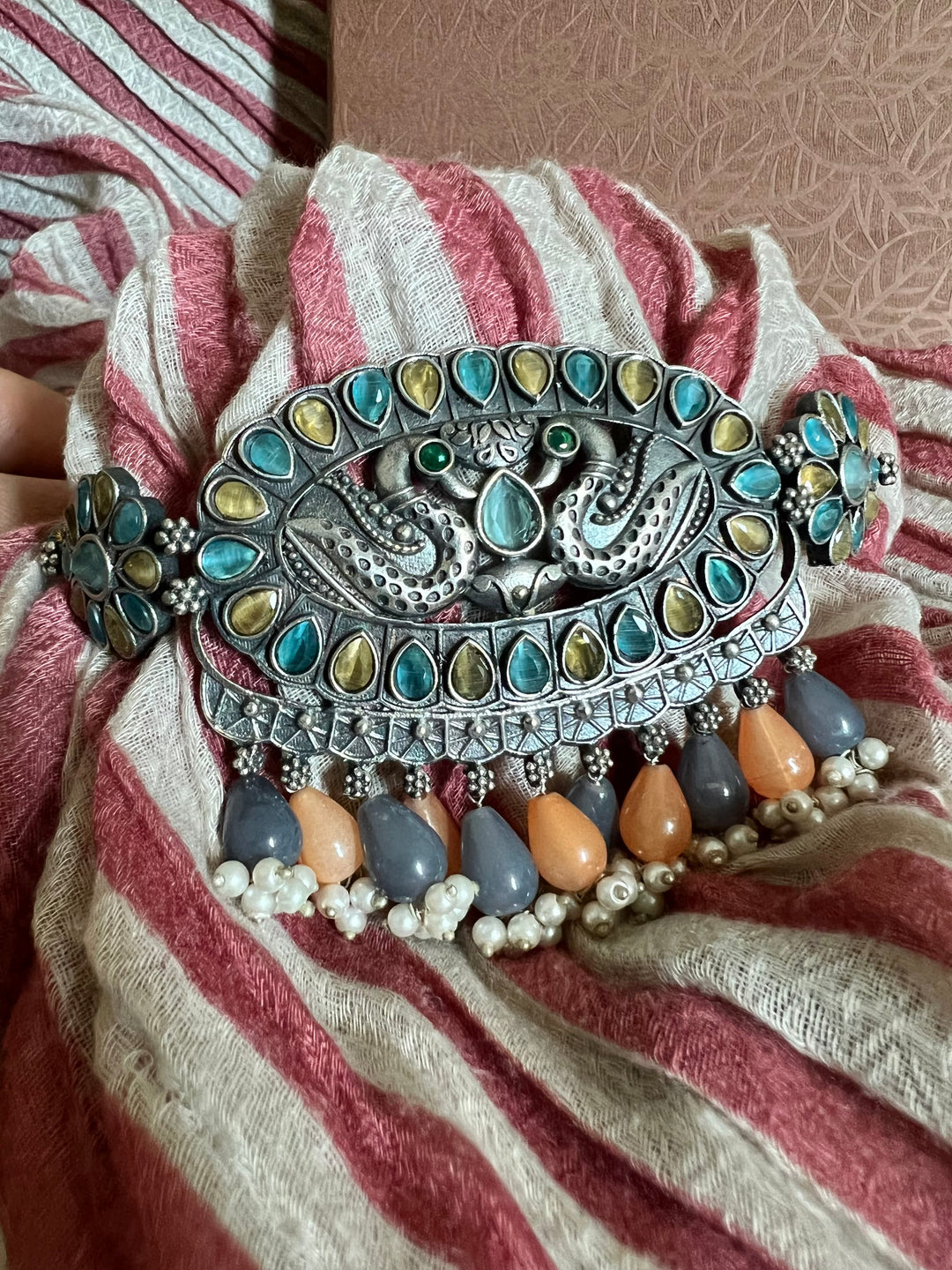 Antique Twin Peacock Choker with Earrings