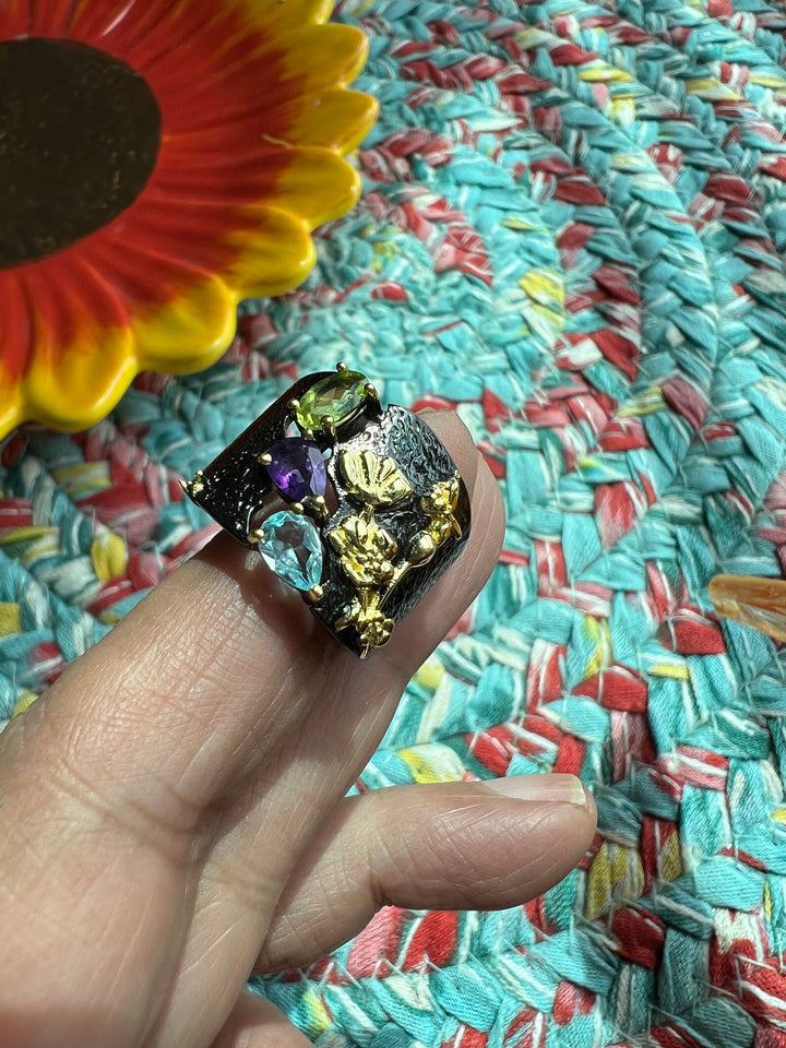 Designer Pure Silver Peridot and Amethyst Ring