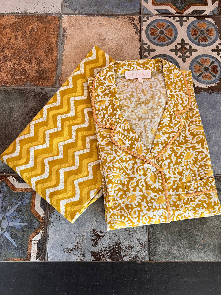 Yellow Print Cotton Night Suit - SHIVKA