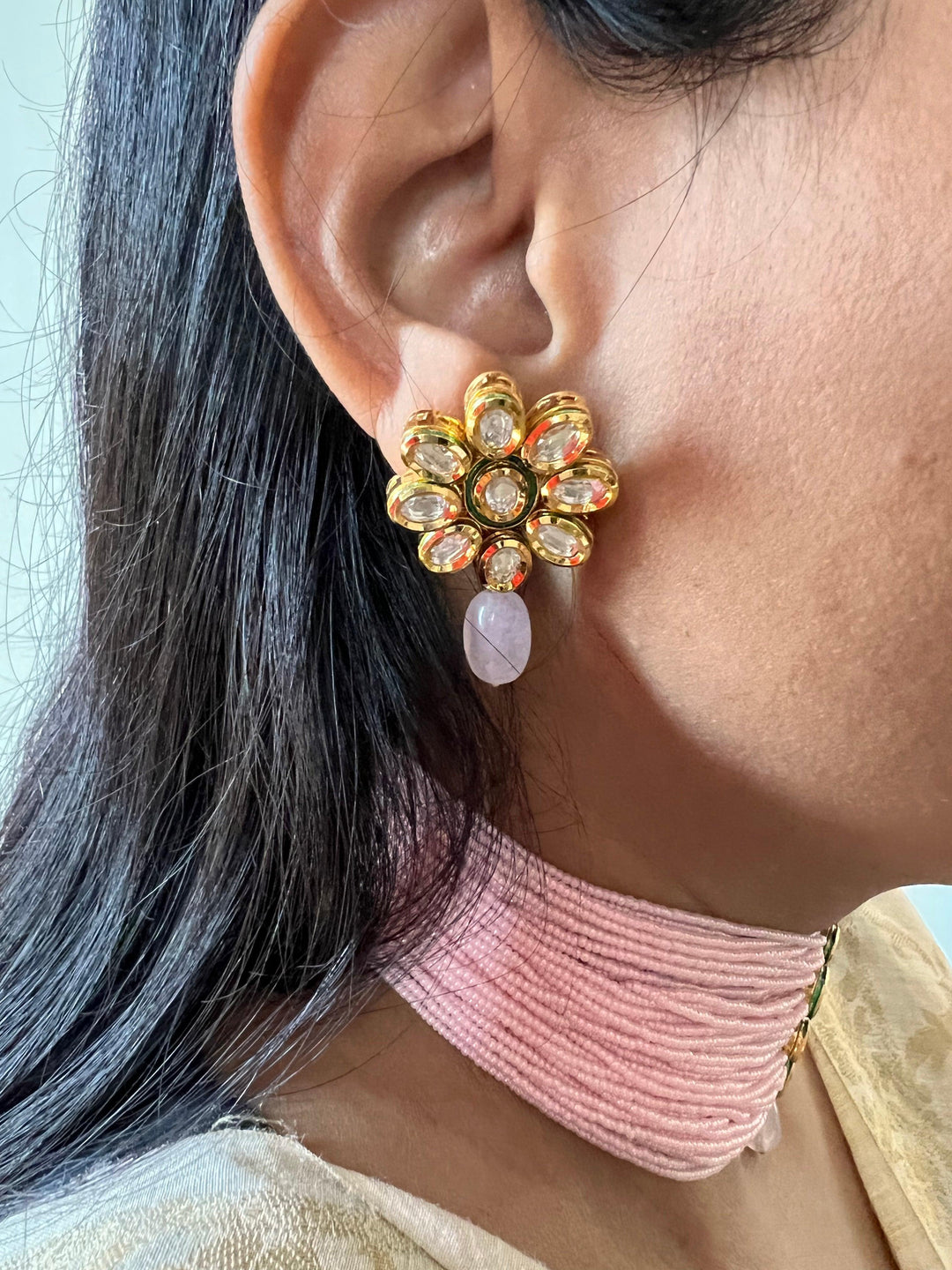 Pink Kundan Choker with Earrings - SHIVKA