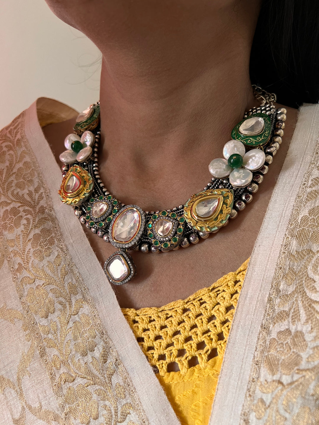 Designer Dual Tone Necklace with Kundan Earrings