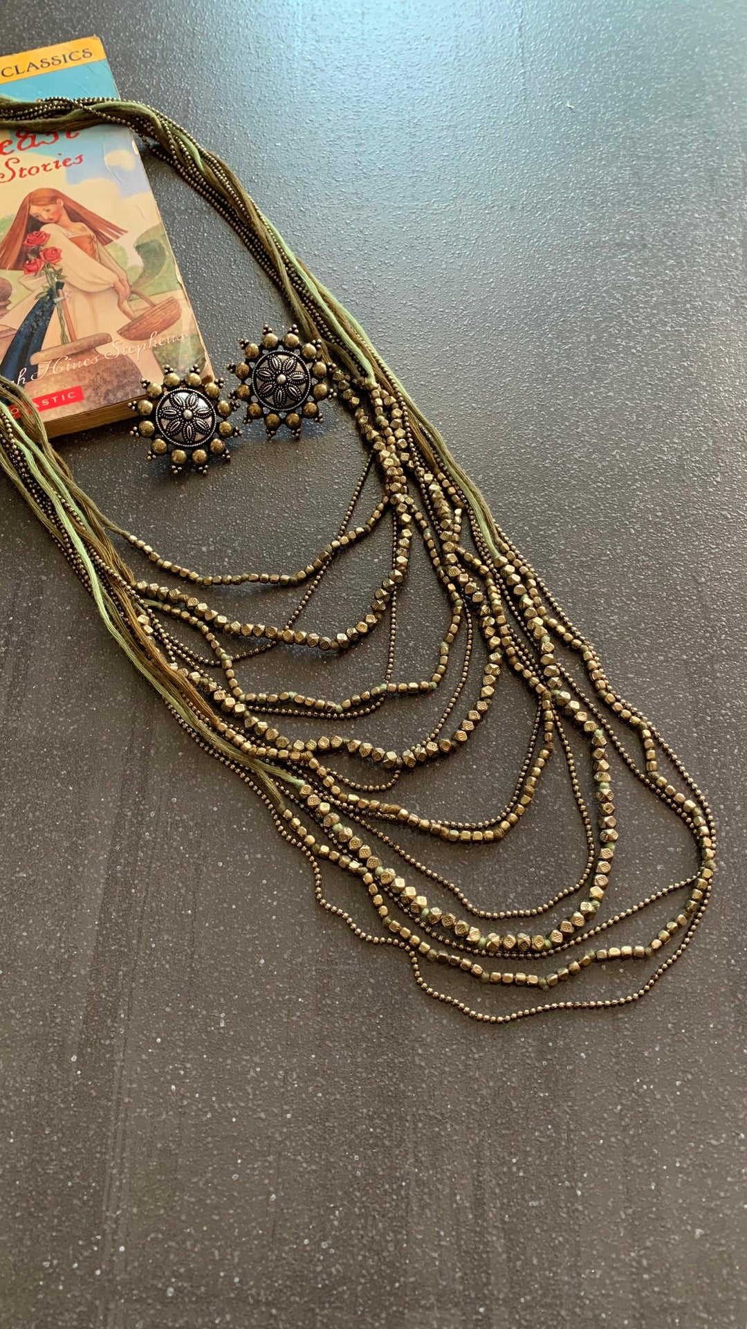 Olive Green and Antique Gold Beaded Long Necklace with Brass Studs - SHIVKA