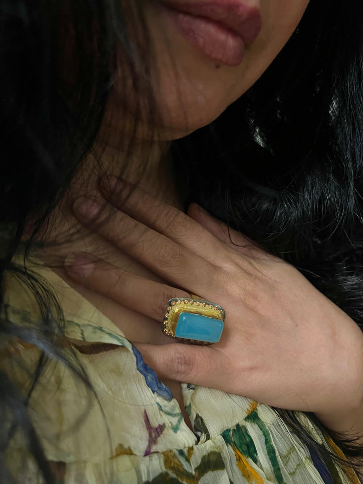 Natural Chalcedony Stone Adjustable Gold-Plated Ring | Statement Ring by SHIVKA