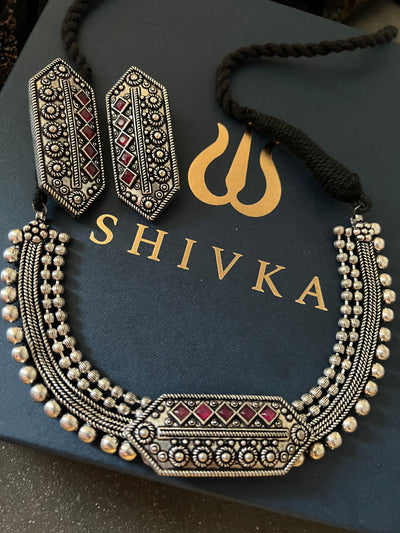 Hexagon Antique Necklace with Statement Studs - SHIVKA