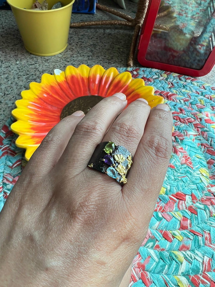 Designer Pure Silver Peridot and Amethyst Ring