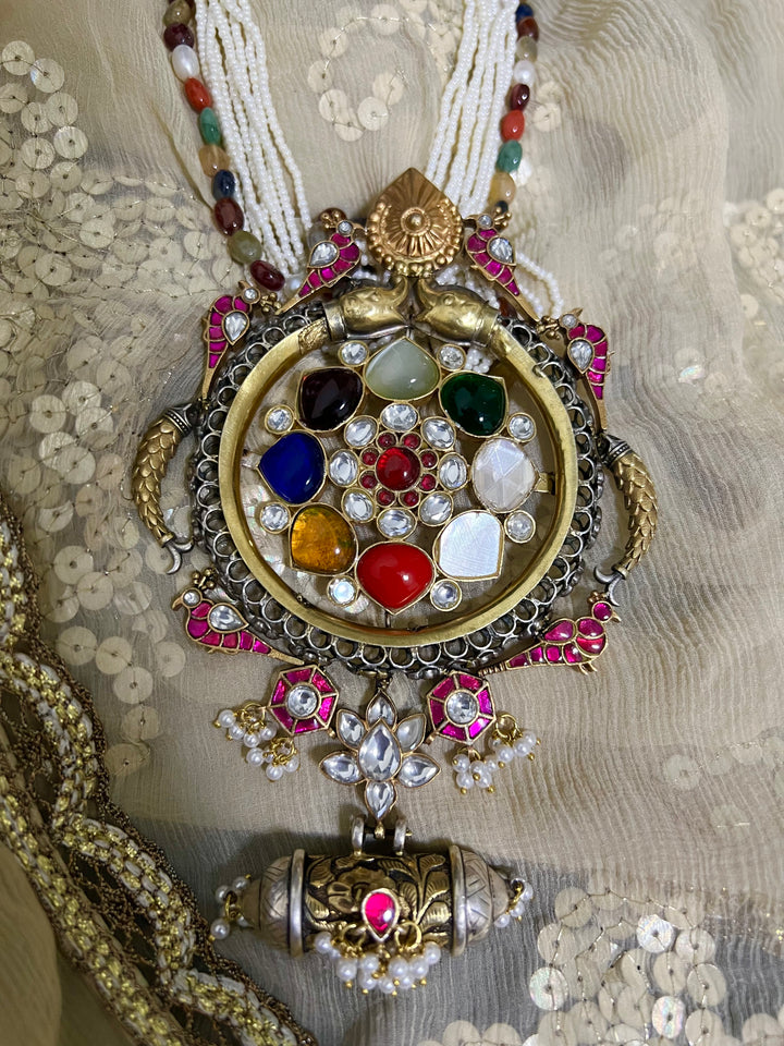 Pure Silver Real Navratna Beads Pendant Necklace