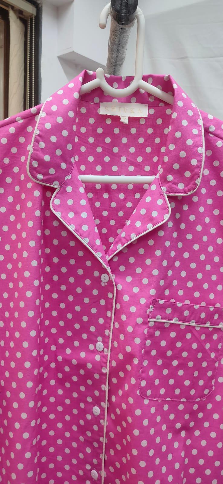 Pink Polka Cotton Night Suit - SHIVKA