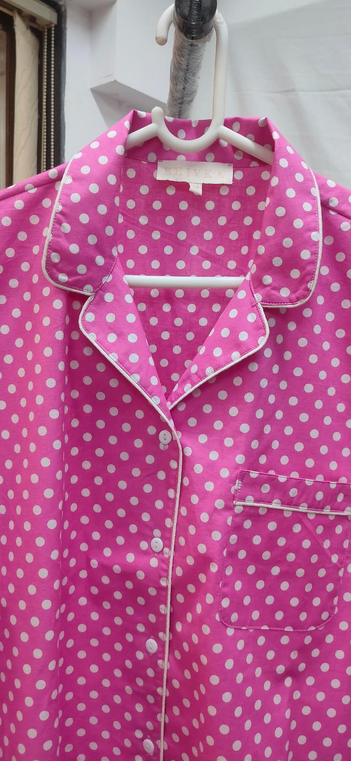 Pink Polka Cotton Night Suit - SHIVKA