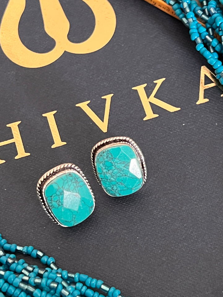 Blue Beaded Necklace with Turquoise Studs