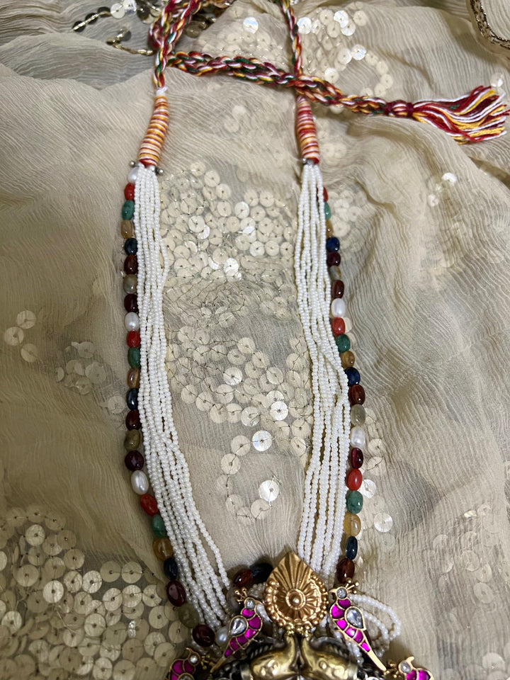 Pure Silver Real Navratna Beads Pendant Necklace