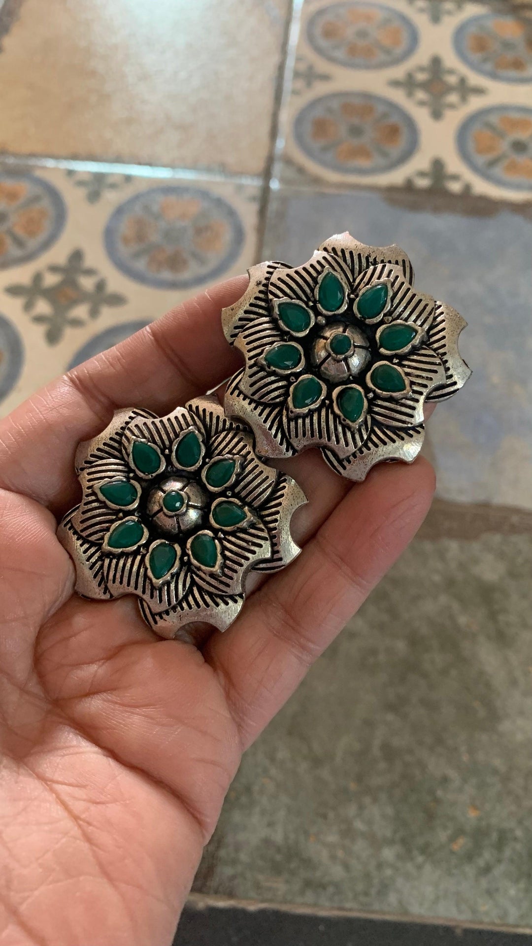 Oversized Antique Green Stone Studs - SHIVKA