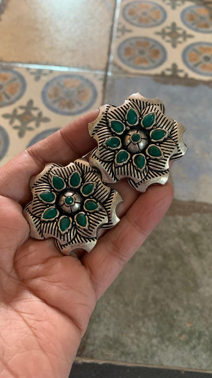 Oversized Antique Green Stone Studs - SHIVKA