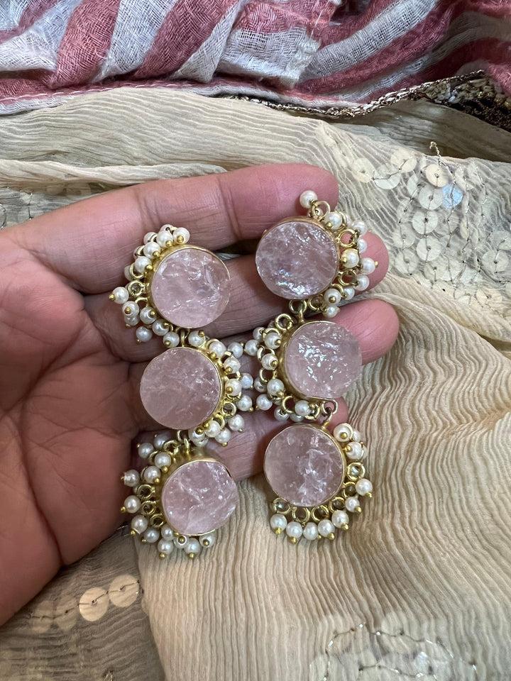 Rose Quartz Three Tier Earrings - SHIVKA
