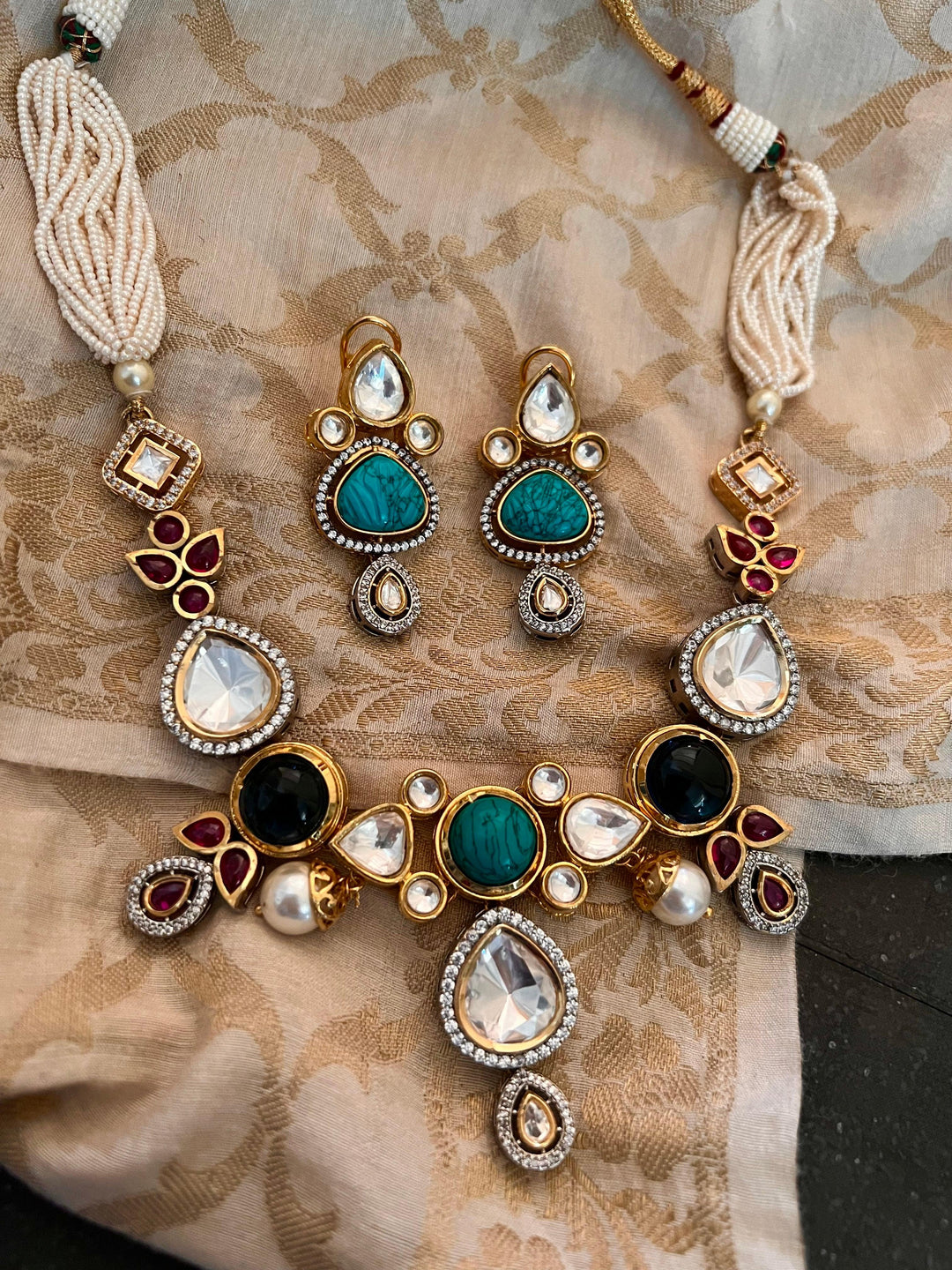 Scintillating Multicolored  Kundan Necklace with Statement Jhumka Earrings - SHIVKA