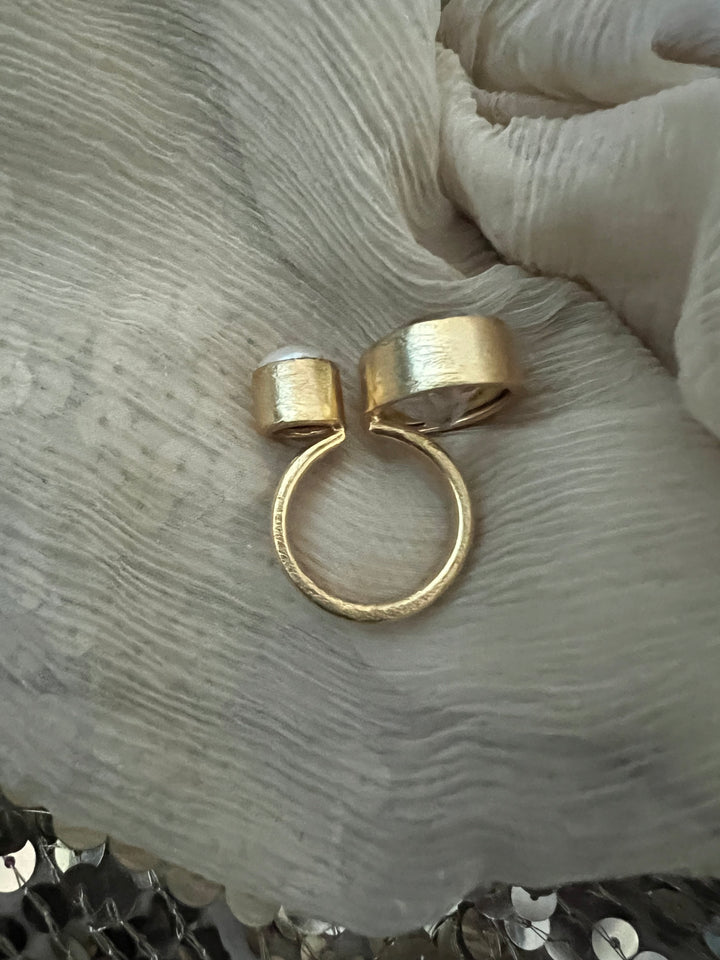 Quartz Crystal & Pearl Designer Ring | US Size 7 | Gold-Plated Statement Ring by SHIVKA