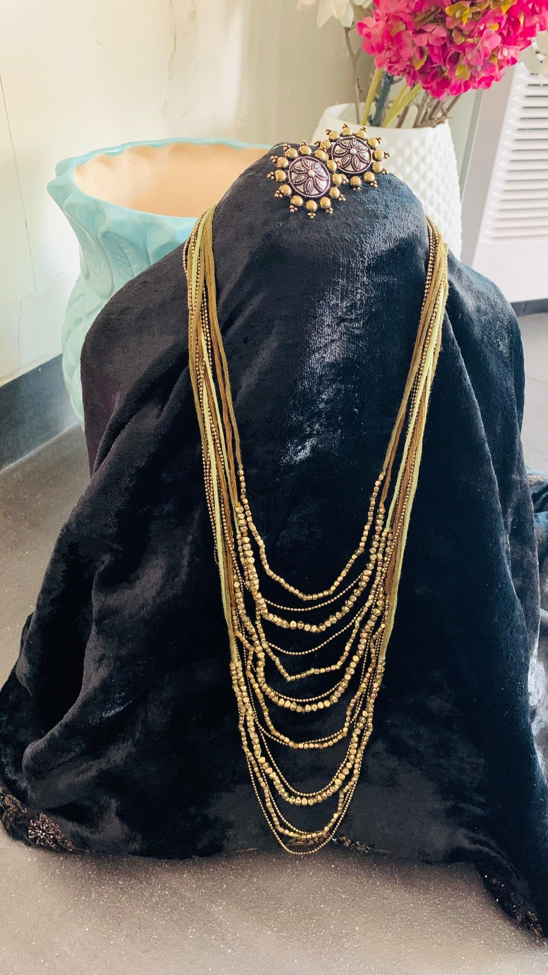 Olive Green and Antique Gold Beaded Long Necklace with Brass Studs - SHIVKA