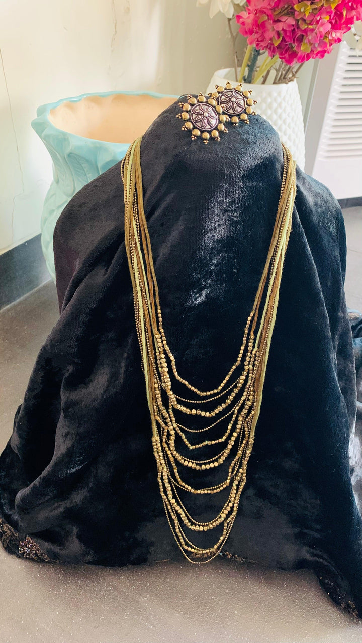 Olive Green and Antique Gold Beaded Long Necklace with Brass Studs - SHIVKA