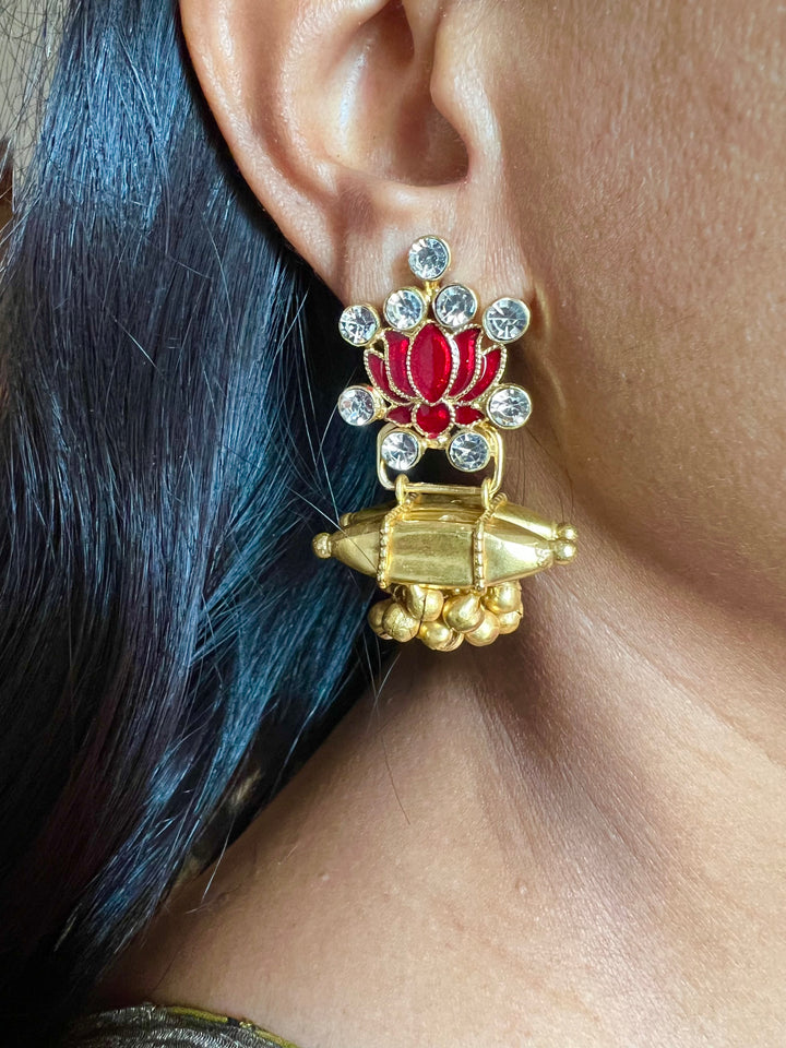 Faux Diamond Enameled Lotus Earrings