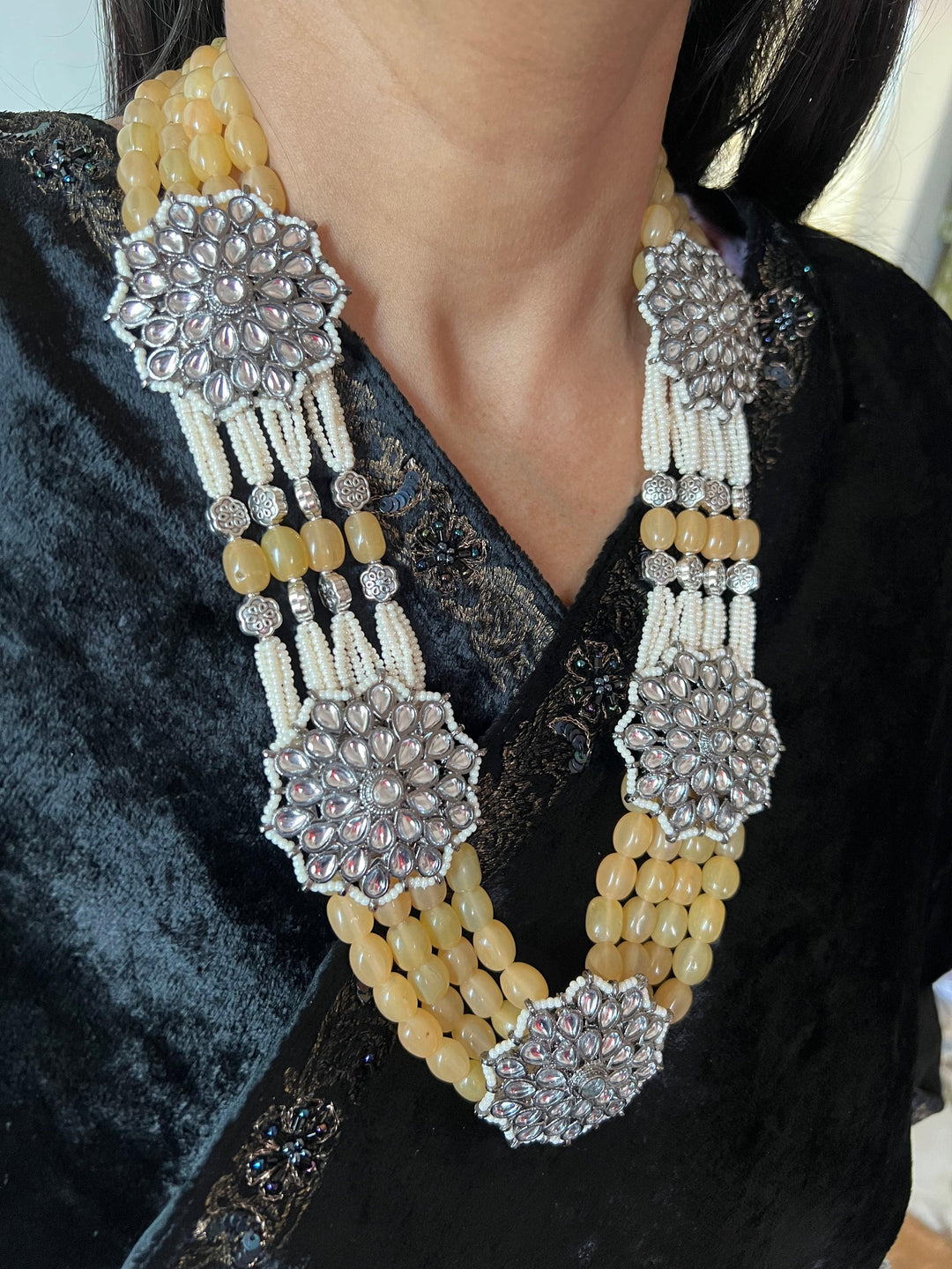 Multilayered Antique Kundan Necklace with Earrings - SHIVKA