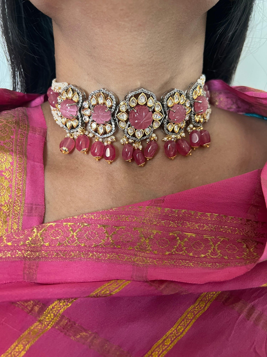 Pink Carved Stone Kundan Choker with Earrings - SHIVKA