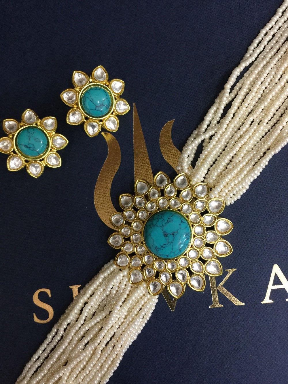 Turquoise Kundan and Pearl Choker with Earrings - SHIVKA