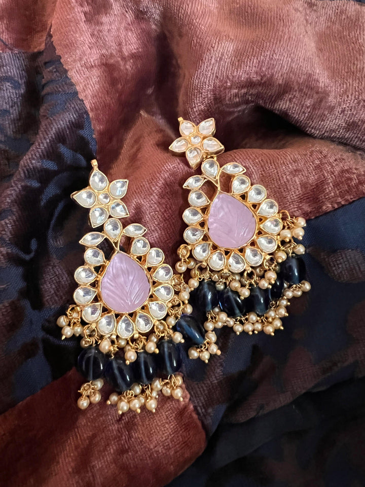 Pink Carved Stone Kundan Necklace with Earrings - SHIVKA