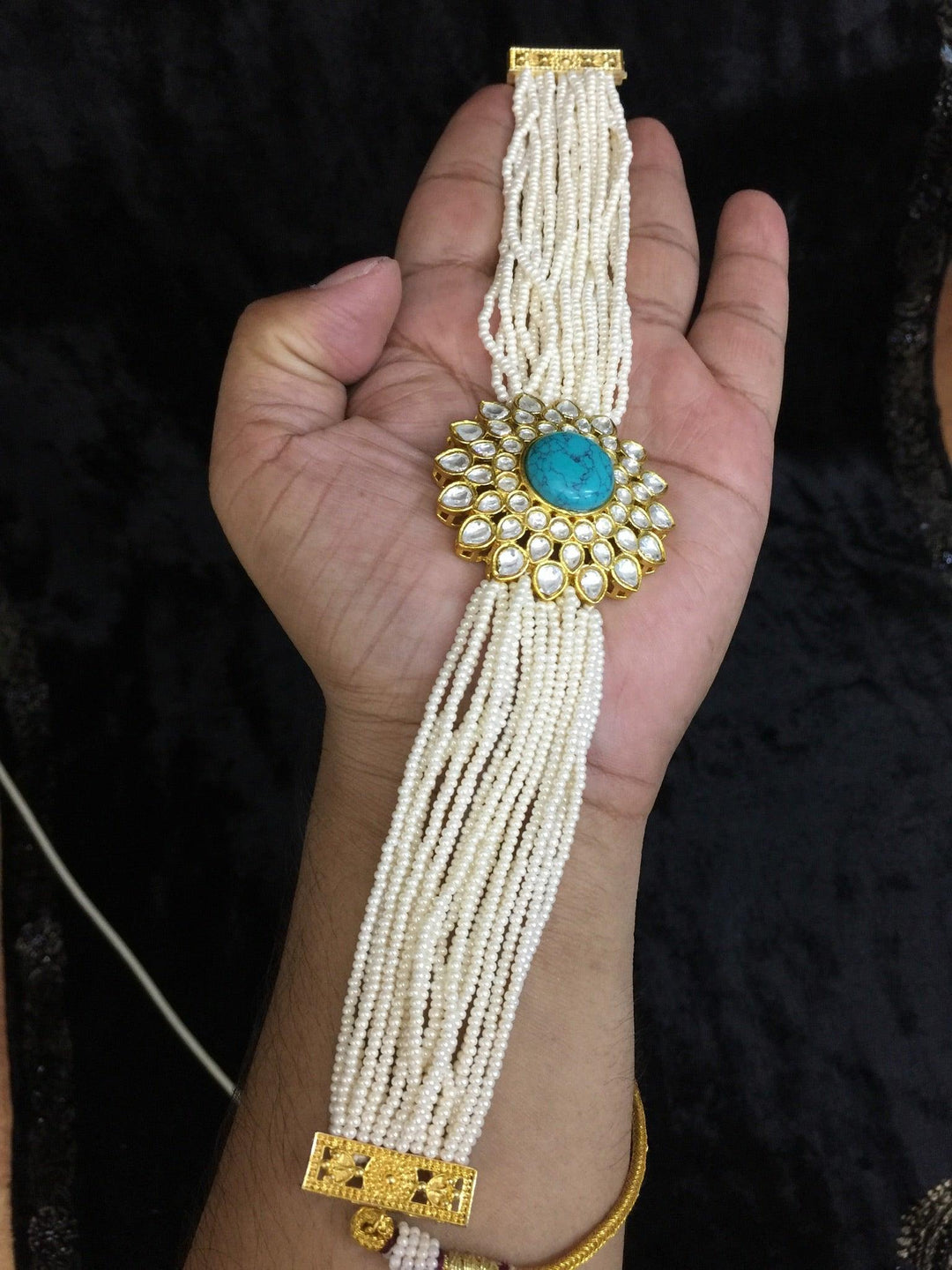 Turquoise Kundan and Pearl Choker with Earrings - SHIVKA