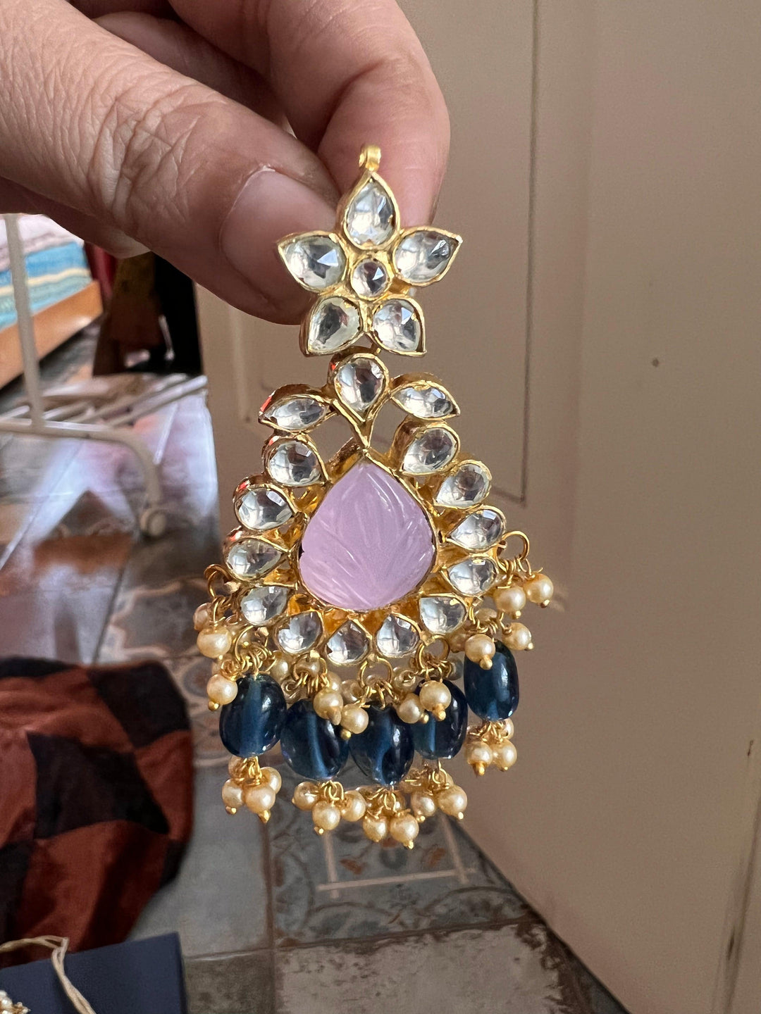 Pink Carved Stone Kundan Necklace with Earrings - SHIVKA