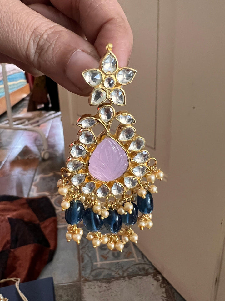 Pink Carved Stone Kundan Necklace with Earrings - SHIVKA