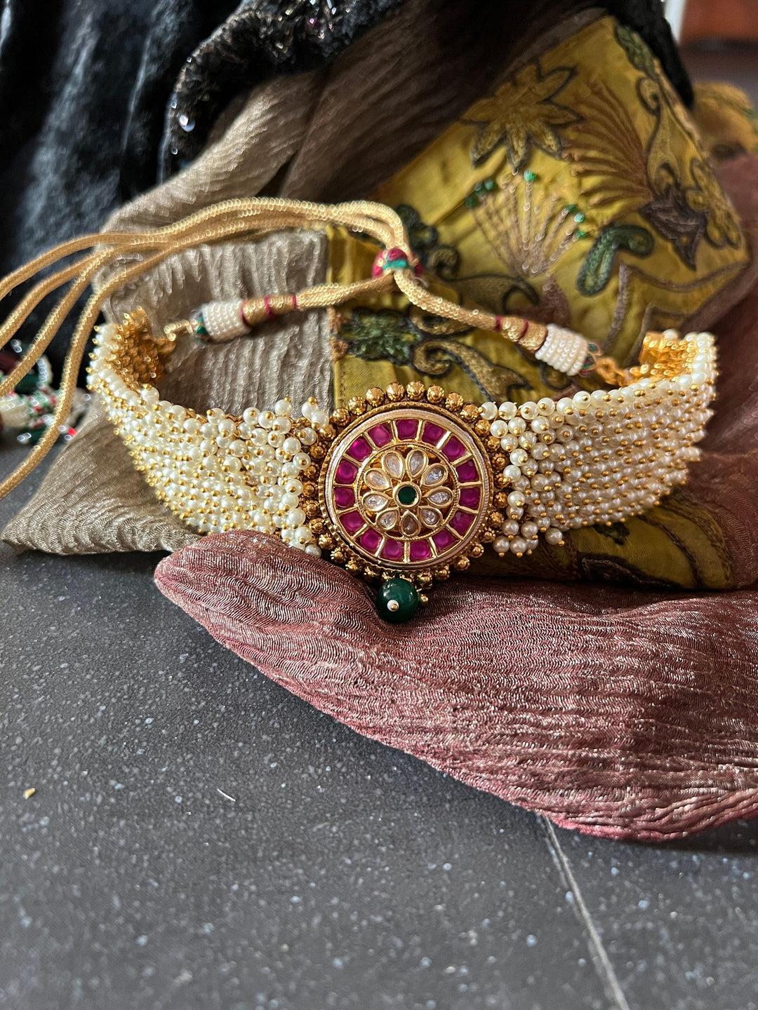 Statement Kundan and Pearl Choker with Earrings - SHIVKA