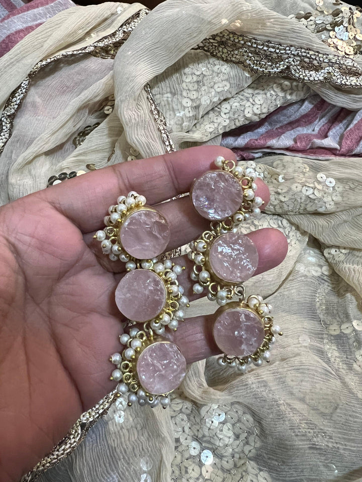 Rose Quartz Three Tier Earrings - SHIVKA