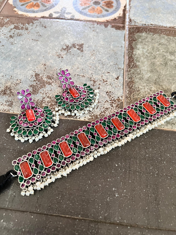 Scintillating Vintage Stones Choker with Statement Chandbaalis - SHIVKA