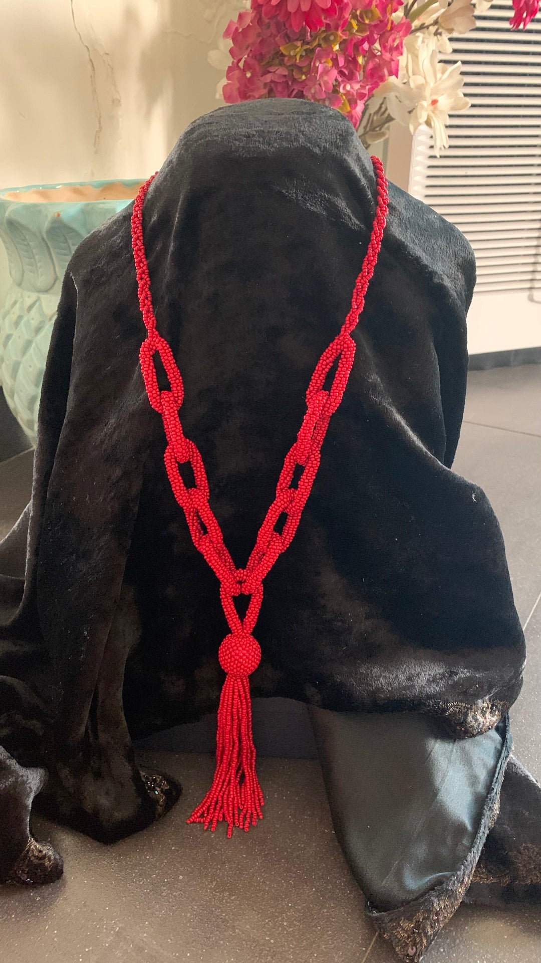 Statement Red Beaded Chain Long Necklace - SHIVKA