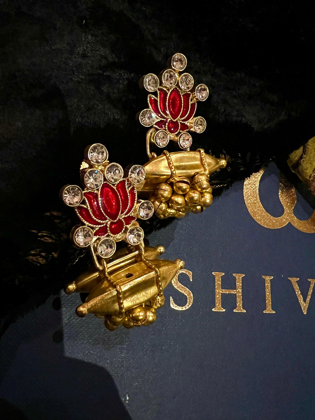 Faux Diamond Enameled Lotus Earrings - SHIVKA