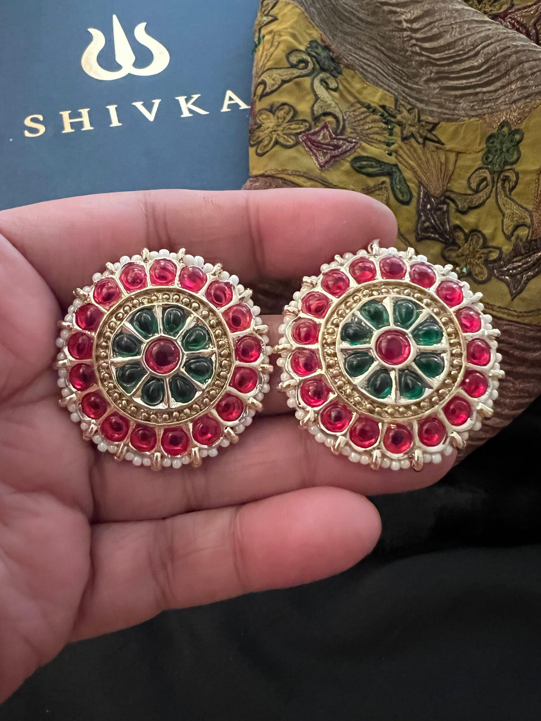 Oversize Red and Green Enamelled Studs - SHIVKA