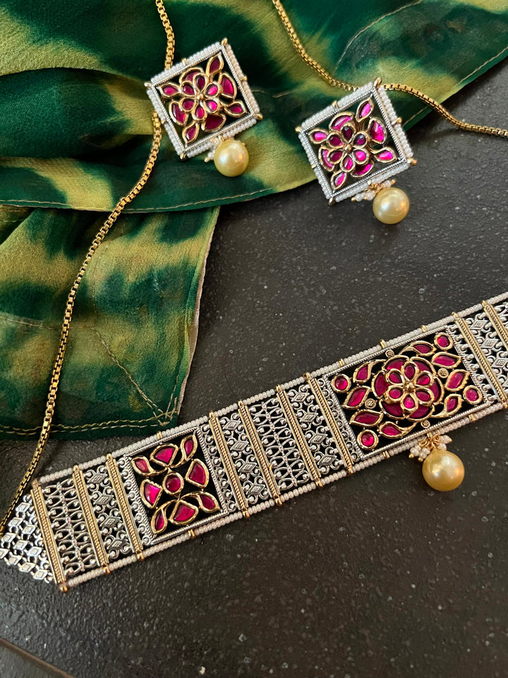 Fusion Silver Kundan Choker with Earrings