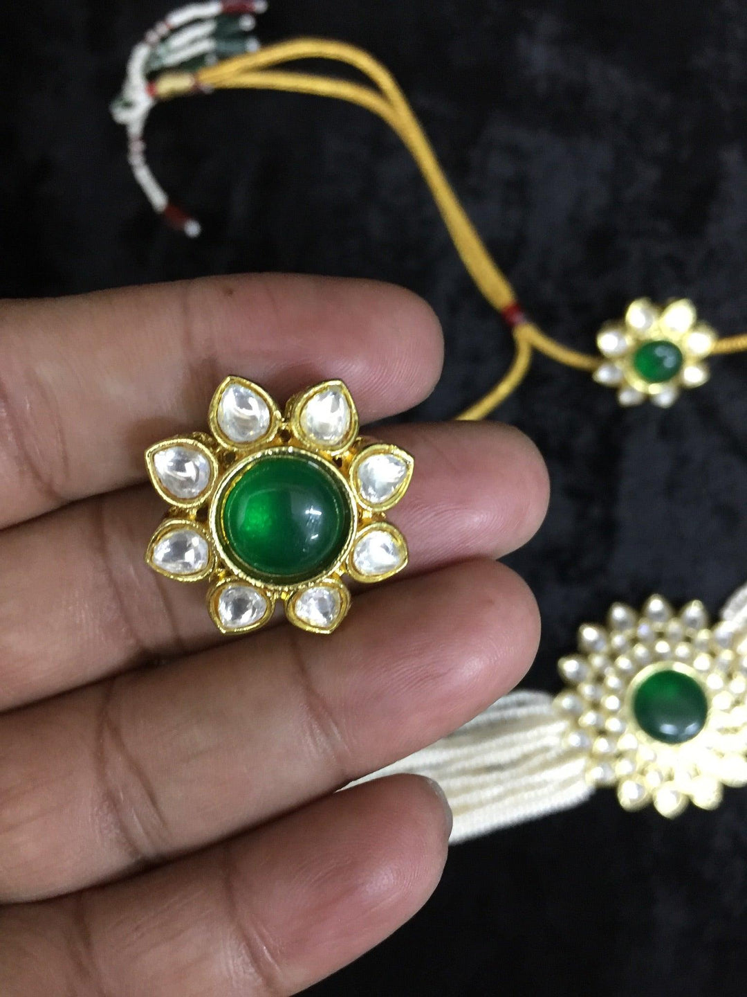 Green Kundan and Pearl Choker with Earrings - SHIVKA