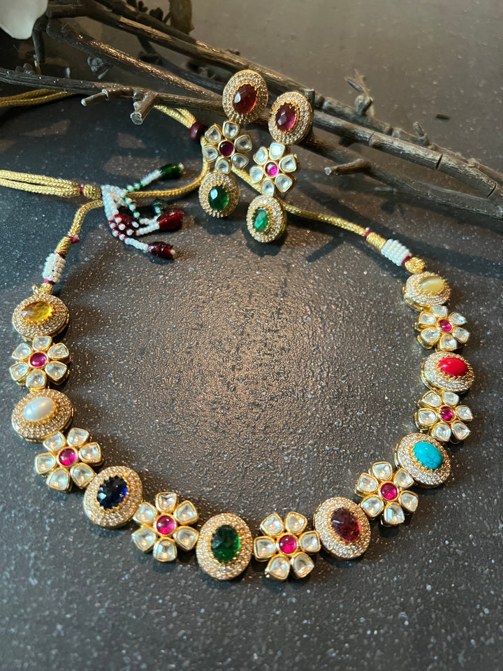 Beautiful Multi coloured Kundan Necklace with Earrings