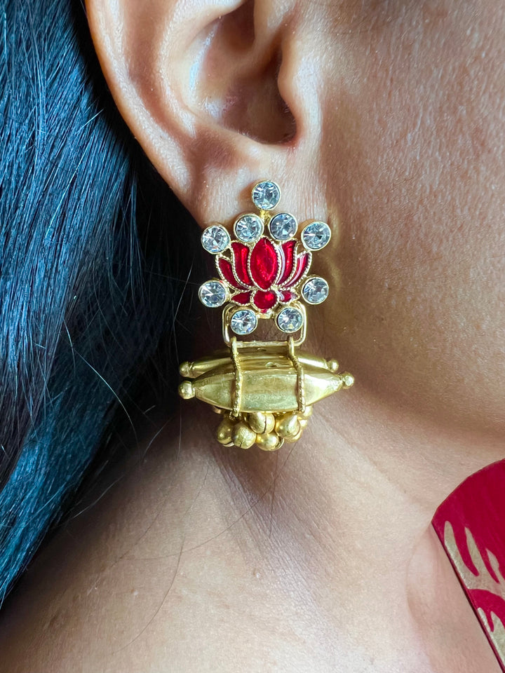 Faux Diamond Enameled Lotus Earrings