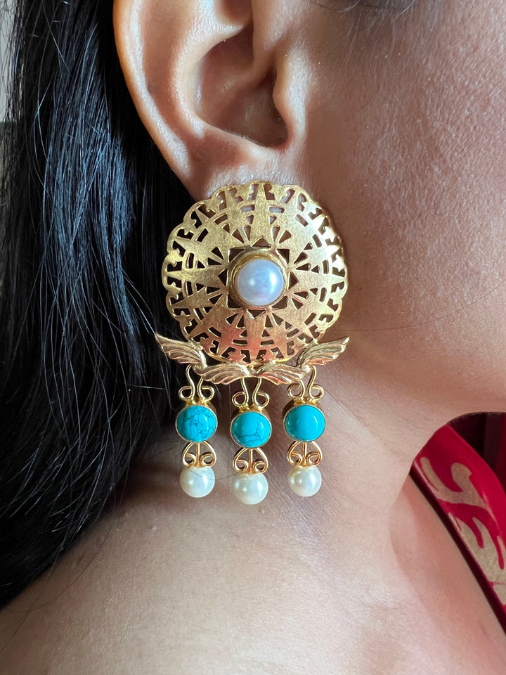 Gorgeous Pearls and Turquoise Cutwork Earrings