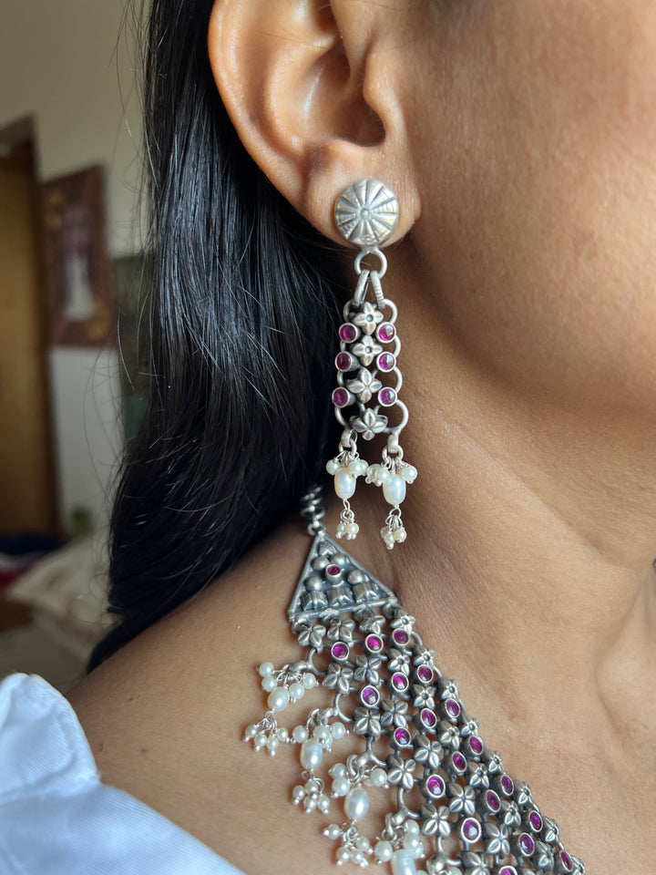 Vintage Jaipur Sterling Silver & Pink Stone Necklace Set | Pure 925 Silver