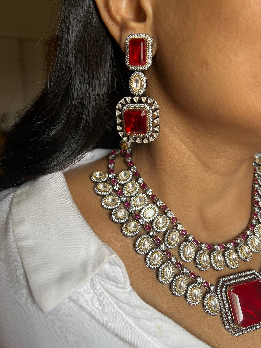 Statement CZ Polki Kundan Necklace with Earrings