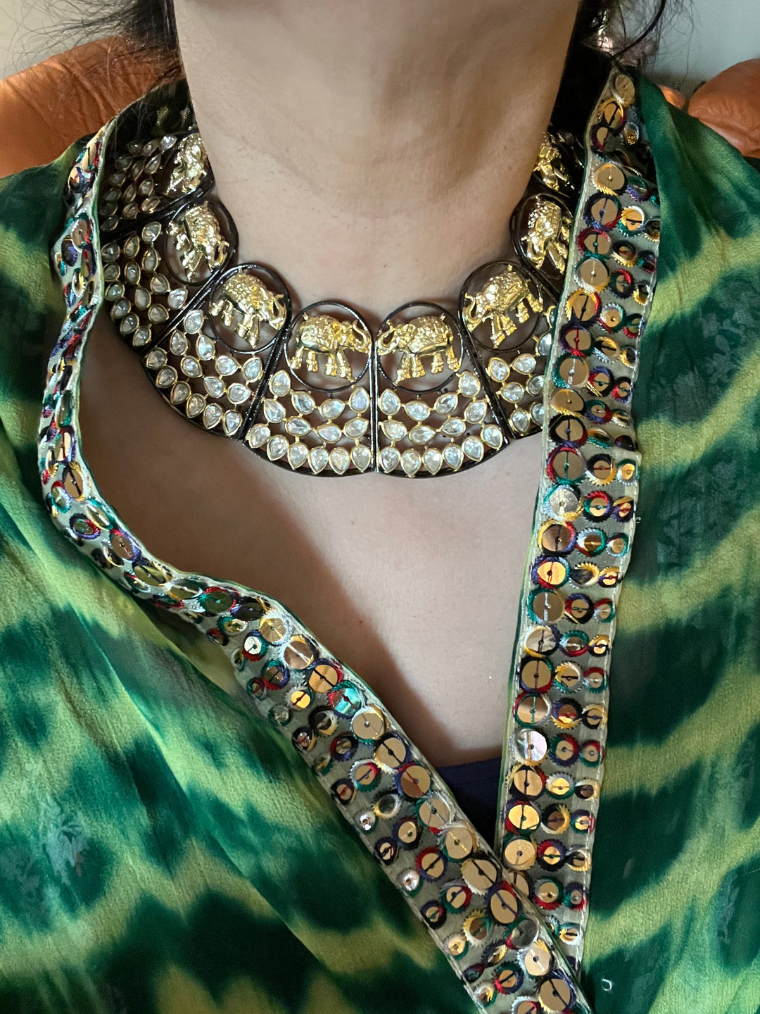 Statement Dual Tone Elephant Necklace with Earrings and Mangtikka