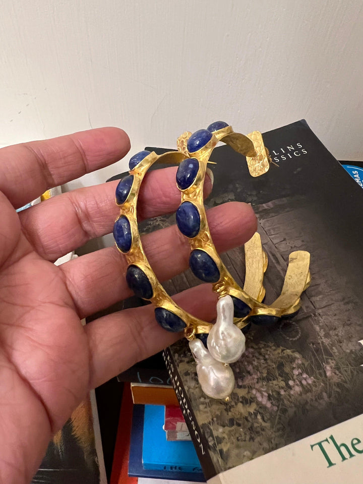 Natural Gemstones Pearl Drop Designer Hoops - SHIVKA