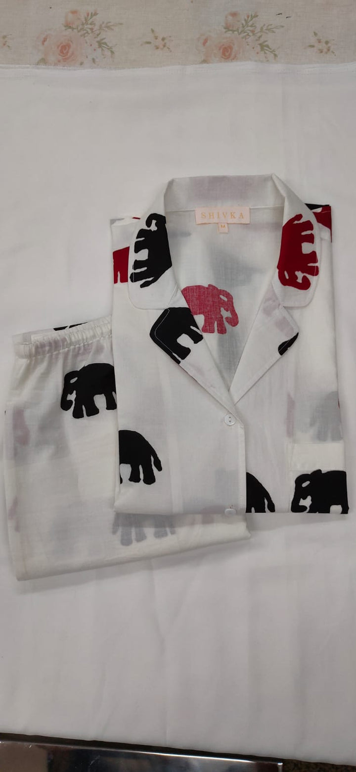 Elephant Design White Cotton Night Suit