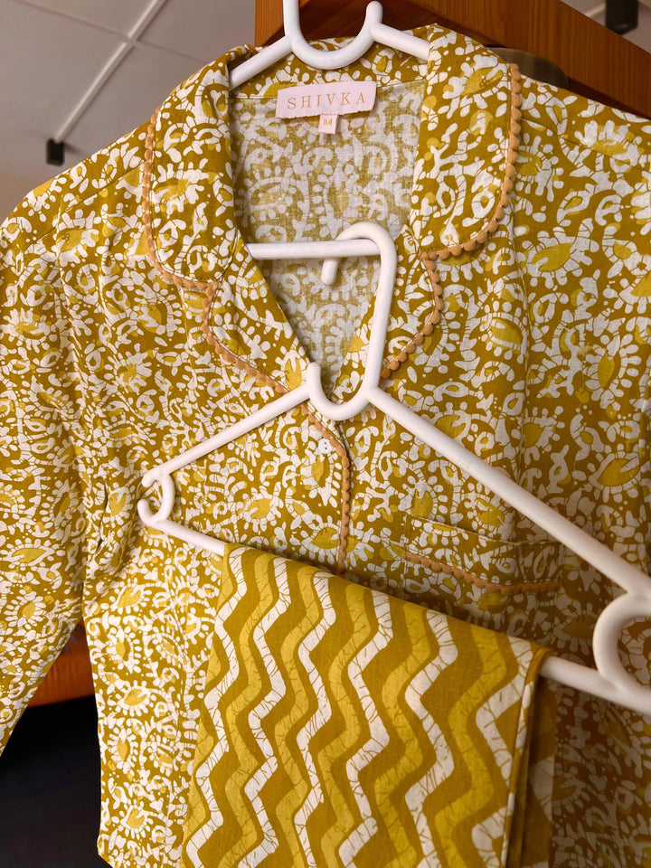 Yellow Print Cotton Night Suit - SHIVKA