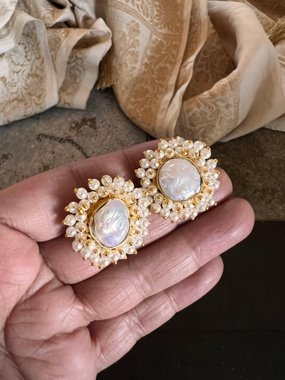 Statement Sea Green and Pearl Short Necklace with Baroque Studs - SHIVKA